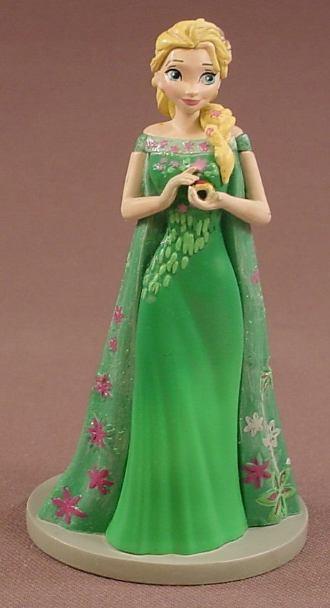 Disney Frozen Movie Elsa In A Green Dress With A Flowing Glittery Train On A Round Base, 3 3/4 Inches Tall, The Disney Store