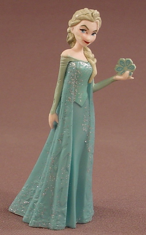 Disney Frozen Movie Elsa Wearing A Glittery Blue Gown & Holding A Snowflake PVC Figure, 3 1/2 Inches Tall, Figurine