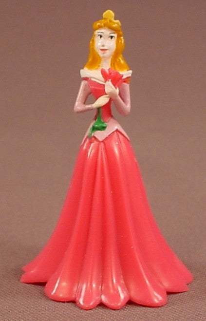 Disney Sleeping Beauty Princess Aurora Holding A Rose PVC Figure With A Hollow Pink Gown, 2 1/2 Inches Tall