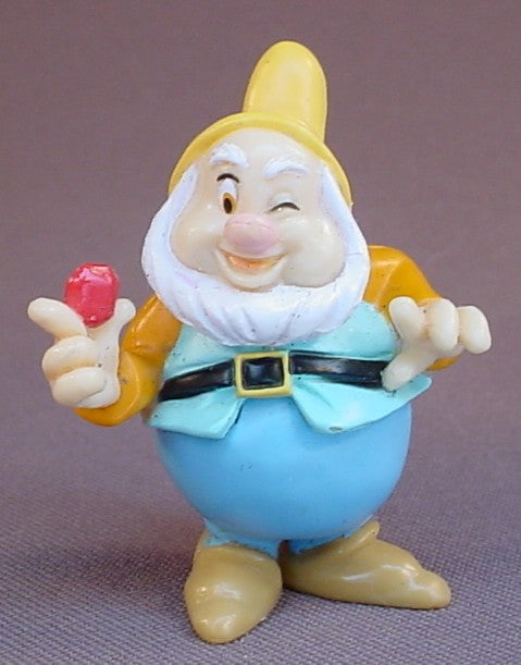 Disney Snow White Happy Dwarf Holding A Red Jewel Or Gem PVC Figure, 2 1/4 Inches Tall, Dwarves, Figurine