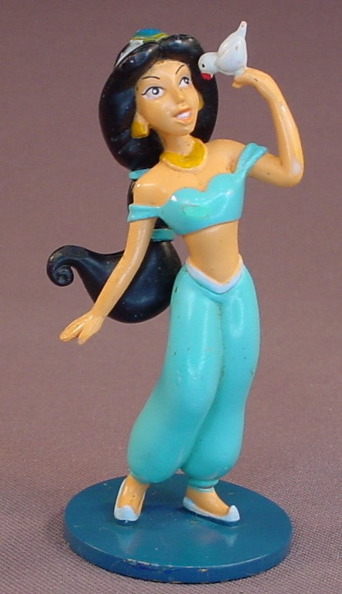 Disney Aladdin Princess Jasmine Holding A Dove PVC Figure On A Round Blue Base, 3 1/2 Inches Tall, Figurine