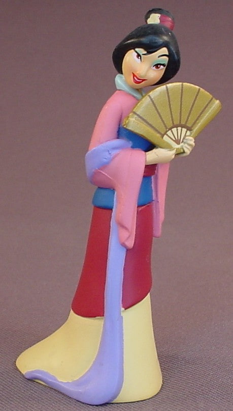 Disney Princess Mulan Holding A Gold Fan PVC Figure, Red Blue & Yellow Kimono, 3 1/2 Inches Tall, Figurine