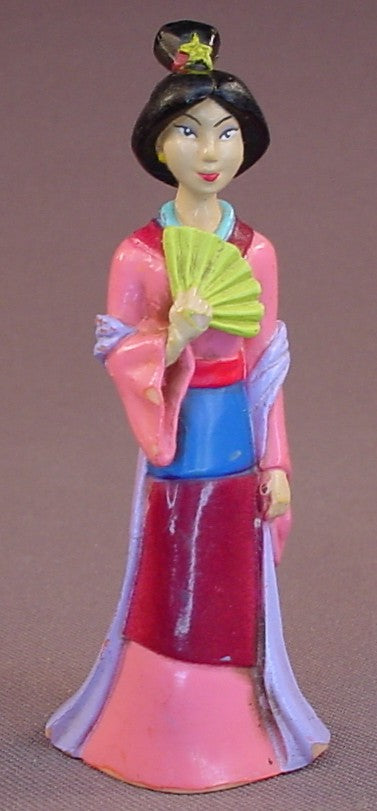 Disney Princess Mulan Holding A Green Fan PVC Figure, Pink Blue & Purple Kimono, 3 3/8 Inches Tall, Figurine
