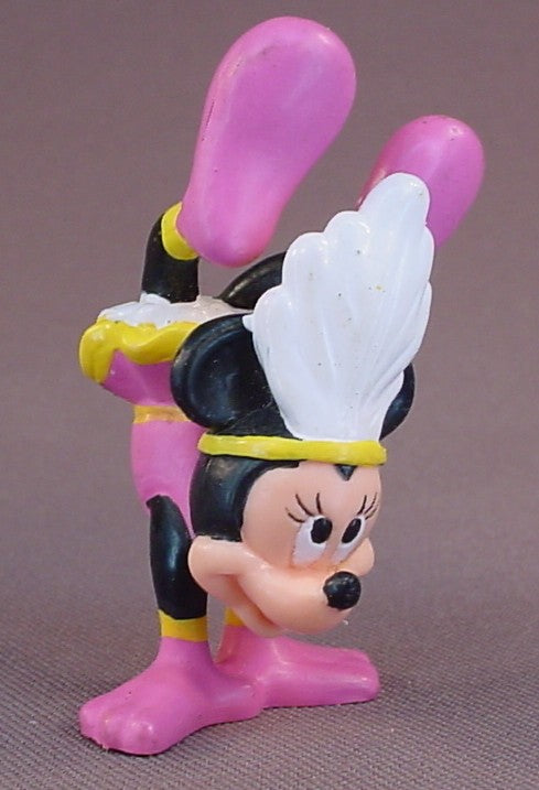 Disney Minnie Mouse Doing A Hand Stand PVC Figure, Wearing A Pink Dress & A Large Feather In Her Headband, Applause