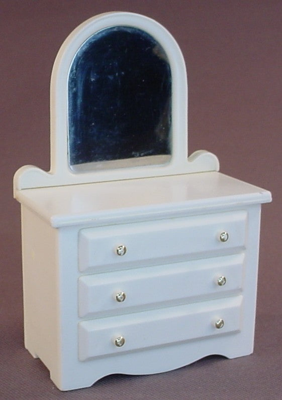 Fisher Price Vintage 250 Dollhouse White Bedroom Dresser With 3 Pull Out Drawers & A Mirror, 4 1/8 Inches Tall, 255 Bedroom