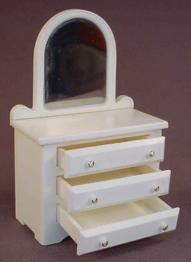Fisher Price Vintage 250 Dollhouse White Bedroom Dresser With 3 Pull Out Drawers & A Mirror, 4 1/8 Inches Tall, 255 Bedroom