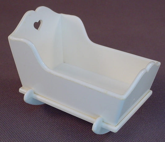 Fisher Price Vintage 250 Dollhouse White Rocking Cradle With A Heart Shaped Cutout In The Headboard, 2 1/2 Inches Long, 1 5/8 Inches Wide