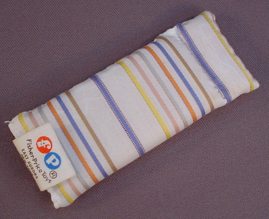 Fisher Price Vintage 250 Dollhouse White Long Single Bed Mattress With Side To Side Stripes, Has The Original Tags, 4 3/8 Inches Long, 1 3/4 Inches Wide