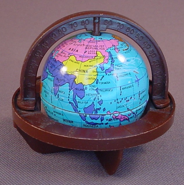 Fisher Price Vintage 250 Dollhouse World Globe In A Dark Brown Frame, The Globe Spins, 2 1/4 Inches Tall, 261 Desk Set 1980-1983