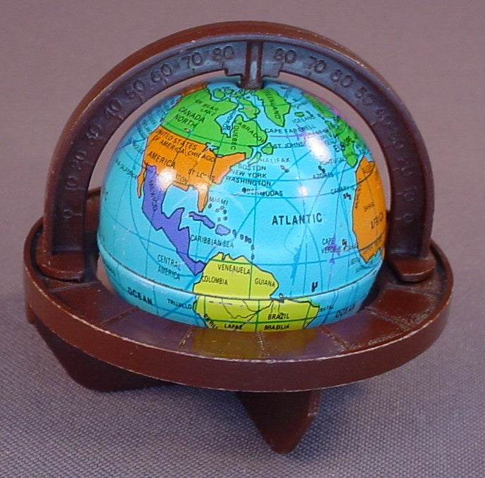 Fisher Price Vintage 250 Dollhouse World Globe In A Dark Brown Frame, The Globe Spins, 2 1/4 Inches Tall, 261 Desk Set 1980-1983