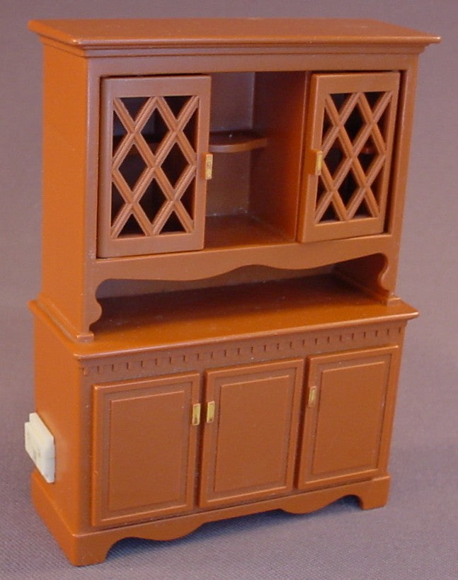 Fisher Price Vintage 250 Dollhouse Brown China Cabinet, 4 1/4 Inches Tall, The Top Lattice Doors Open, It Has A Battery Compartment In The Back