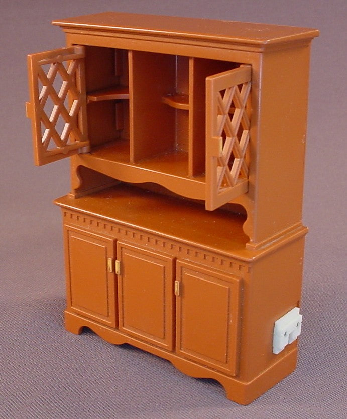 Fisher Price Vintage 250 Dollhouse Brown China Cabinet, 4 1/4 Inches Tall, The Top Lattice Doors Open, It Has A Battery Compartment In The Back