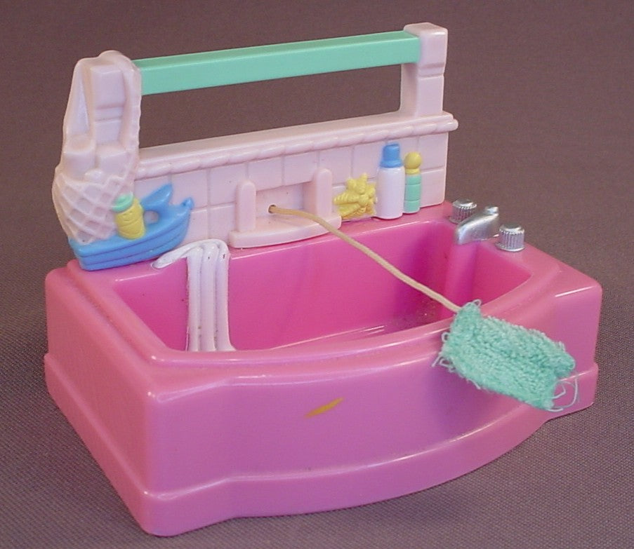 Fisher Price Loving Family Dollhouse 1999 Pink Bathtub With A Pink Tile Back Wall, Aqua Blue Towel Bar, Wash Cloth Attached By A String