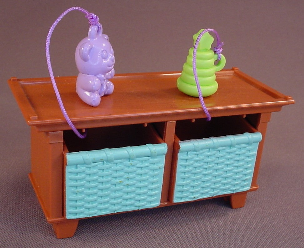 Fisher Price Loving Family Dollhouse 2005 Brown Cabinet Table With 2 Pull Out Green Wicker Baskets, Toy Box With Attached Purple Teddy Bear