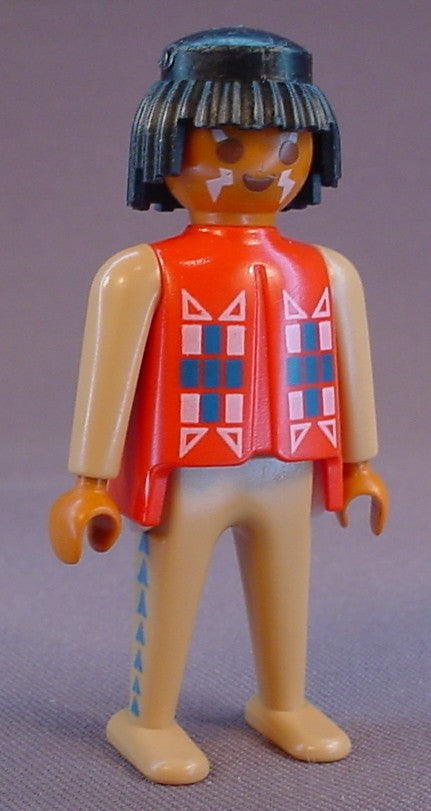 Playmobil Adult Male Native American Indian Figure With Shaggy Black Hair & Face Paint, Tan Clothes