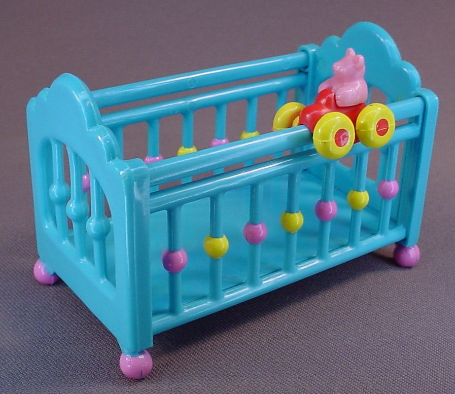 So Small Baby Blue Baby Crib With A Toy That Slides Along One Edge, 3 3/4 Inches Long, 1989 Lewis Galoob, So Small Babies