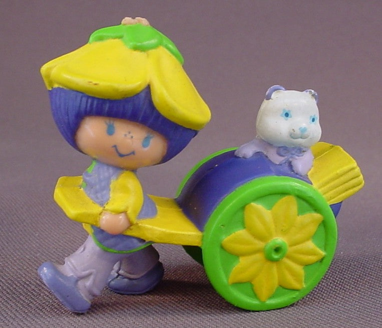 Strawberry Shortcake Almond Tea Pulling Marza The Panda In A Rickshaw PVC Figure, 2 Inches Tall, The Loop On Her Hat Is Broken, 1983