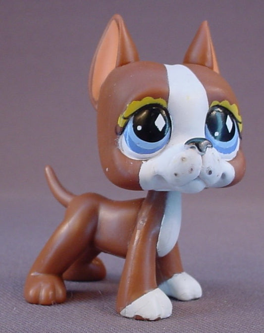 Littlest Pet Shop #589 Blemished Dark Brown Great Dane Puppy Dog With Fancy Blue Eyes With Diamonds, White Face & Front Paws