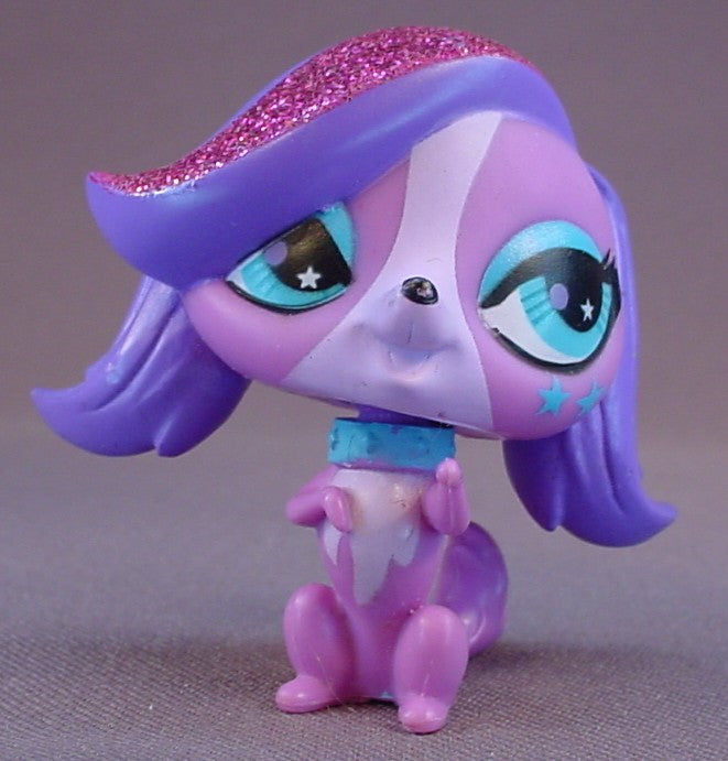 Littlest Pet Shop #2732 Purple Zoe Trent Maltese Puppy Dog With A Dark Pink Glitter Streak, Blue Fancy Eyes, King Charles Spaniel