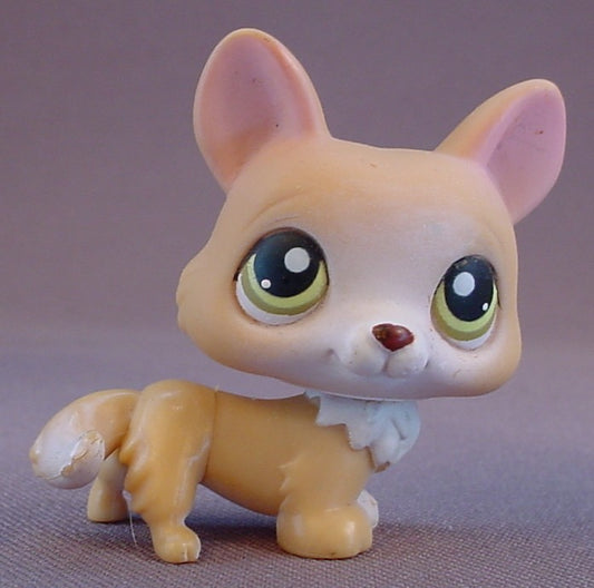 Littlest Pet Shop #183 Blemished Light Brown Or Tan Welsh Corgi Puppy Dog With Green Eyes, White Face & Trim, Pet Pairs