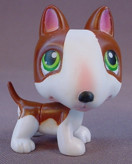 Littlest Pet Shop #154 Blemished Brown & White Bull Terrier Puppy Dog With Green Eyes, Totally Talented Pets, 3 Pks