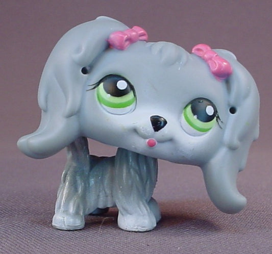Littlest Pet Shop #193 Blemished Gray Maltese Puppy Dog With Pink Bows & Green Eyes, Grey, Pet Pairs LPS,, 2004 2005 Hasbro