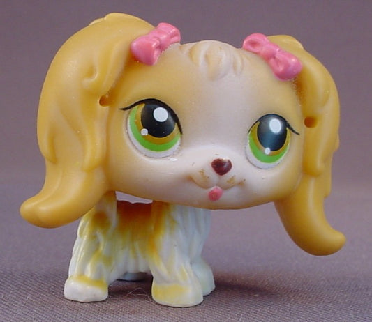 Littlest Pet Shop #79 Blemished Light Brown & White Maltese Puppy Dog With Green Eyes & 2 Pink Bows, Winter Tube, LPS, 2004 Hasbro