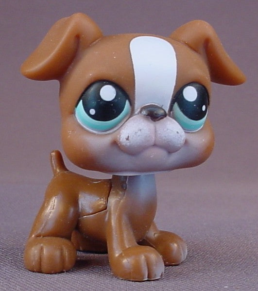 Littlest Pet Shop Blemished Brown & White Boxer Puppy Dog With Blue Green Eyes With Diamond Shapes, This Was Only Available With A Puzzle Set