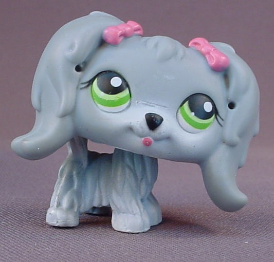 Littlest Pet Shop #193 Blemished Gray Maltese Puppy Dog With Pink Bows & Green Eyes, Grey, Pet Pairs, LPS, 2004 2005 Hasbro