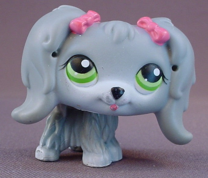 Littlest Pet Shop #193 Blemished Gray Maltese Puppy Dog With Pink Bows & Green Eyes, Grey, Pet Pairs, LPS, 2004 2005 Hasbro