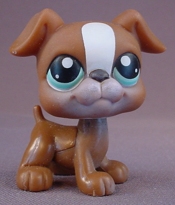 Littlest Pet Shop Blemished Brown & White Boxer Puppy Dog With Blue Green Eyes With Diamond Shapes, This Was Only Available With A Puzzle Set