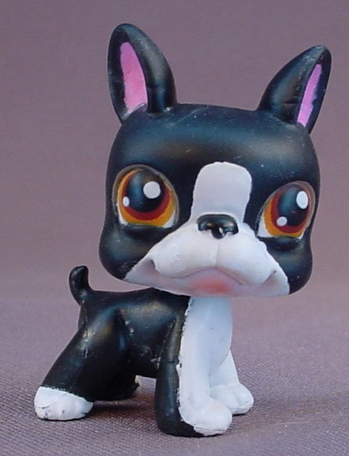 Littlest Pet Shop #63 Blemished Black & White Boston Terrier Puppy Dog With Orange Brown Eyes, Portable Pets, LPS, 2004 Hasbro