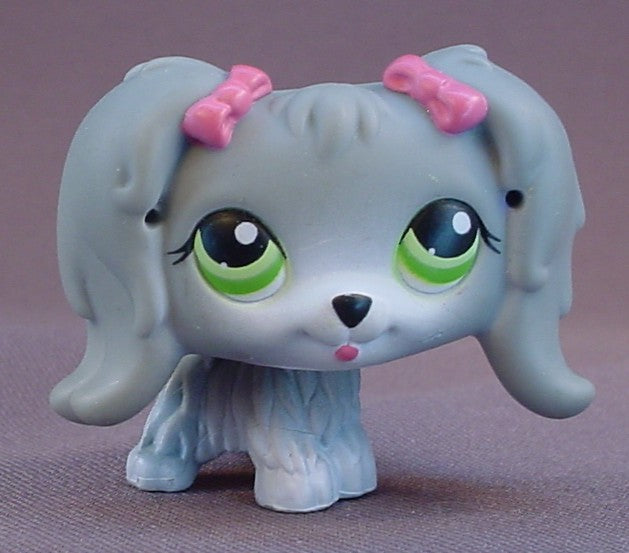 Littlest Pet Shop #193 Blemished Gray Maltese Puppy Dog With Pink Bows & Green Eyes, Grey, Pet Pairs, LPS, 2004 2005 Hasbro