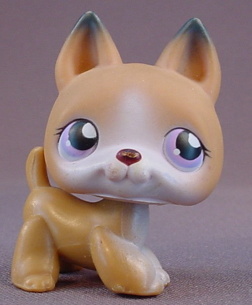 Littlest Pet Shop #112 Blemished German Shepherd Puppy Dog With Purple Eyes, The Ears Have Gray Tips, Get Better Center