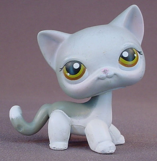 Littlest Pet Shop #138 Blemished Gray & White Shorthair Kitty Cat Kitten With Gold & Brown Eyes, Dark Gray Back & Leg, Hazel Eyes