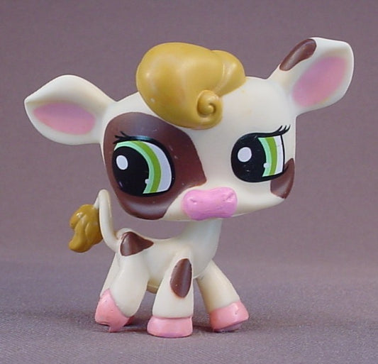 Littlest Pet Shop #1457 Blemished Cream Calf Baby Cow With Green Fancy Eyes, Dark Brown Spots And Around One Eye, Pink Hooves & Nose
