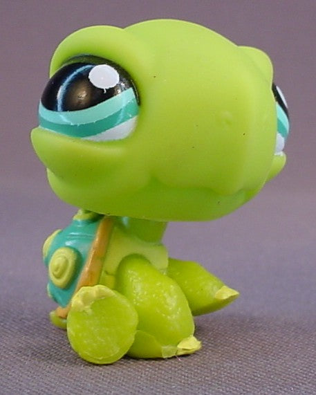 Littlest Pet Shop #971 Blemished Light Green Turtle With Bumpy Shell & Teal Blue Eyes, Sitting Up Pose, The Shell Has Orange Trim & Yellow Bumps