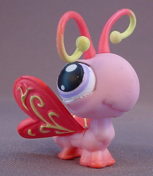 Littlest Pet Shop #202 Blemished Pink Butterfly With Dark Pink Wings With Yellow Trim, Dark Pink Antenna With Yellow Ends, Purple Eyes