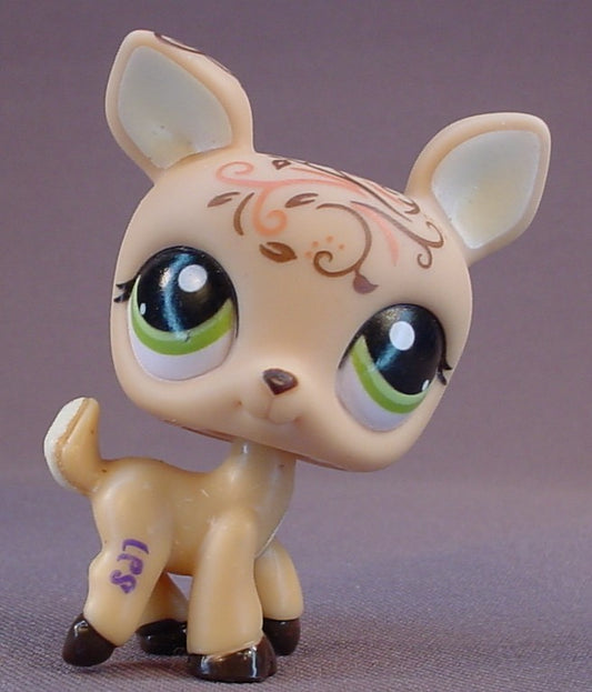 Littlest Pet Shop #1620 Blemished Light Brown Or Tan Fawn Baby Deer With Green Eyes, Swirl Design On The Head, Tattoo