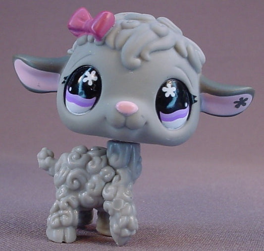 Littlest Pet Shop #477 Blemished Gray Lamb Baby Sheep With Pretty Purple Eyes & Burgundy Bow, Grey Sheep, Pet Lovin Zoo
