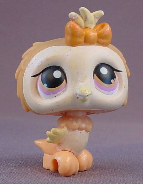 Littlest Pet Shop #431 Blemished Cream & Brown Baby Owl With Orange Bow & Pink Eyes, Owlet, Halloween Tube, LPS, 2007 Hasbro