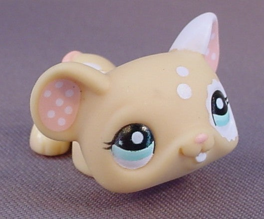 Littlest Pet Shop #1618 Blemished Tan Mouse With Blue Green Eyes, White Spots, White Ring Around One Eye, One White Ear