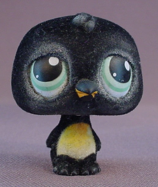 Littlest Pet Shop #333 Blemished Black Flocked or Fuzzy Penguin With Blue Green Eyes, Portable Pets, LPS, Hasbro