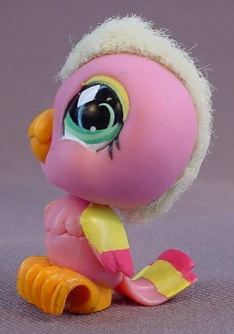 Littlest Pet Shop #489 Blemished Pink Cockatoo Bird With Fuzzy Yellow Crest & Green Eyes, Diamond Design In The Eyes, Cockatiel