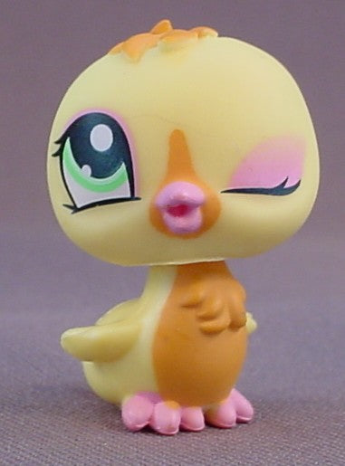 Littlest Pet Shop #1329 Blemished Yellow Chick With Winking Eye, Orange Chest & Crest, Green Eye, 3 Pks, Barnyard Pets, LPS, 2004 Hasbro