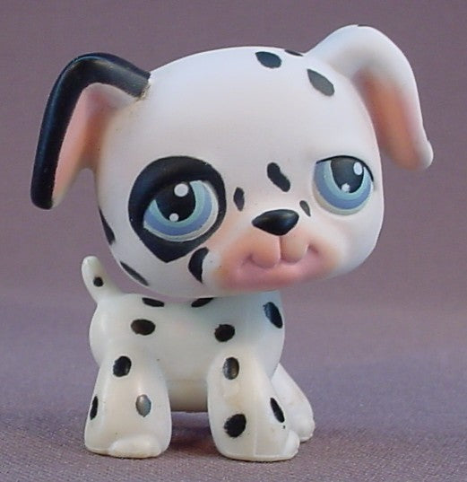Littlest Pet Shop #44 Blemished White With Black Spots Dalmatian Puppy Dog With Blue Eyes, Black Circle Around One Eye, One Black Ear