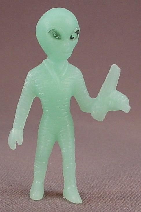 Glow In The Dark Alien Holding A Ray Gun Figure, 2 3/8 Inches Tall, Glow-In-The-Dark