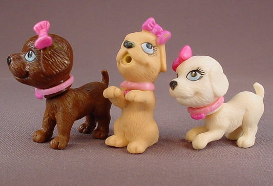 Barbie Luv Me Taffy Dog Lot Of 3 Puppies, There Are 2 PVC Pups With Magnets In Their Noses That Are 1 1/2 Inches Tall, There Is 1 Rubber Squeezable Pup That Squeaks That Is 1 7/8 Inches Tall, Replacement Triplets, 2008 Mattel