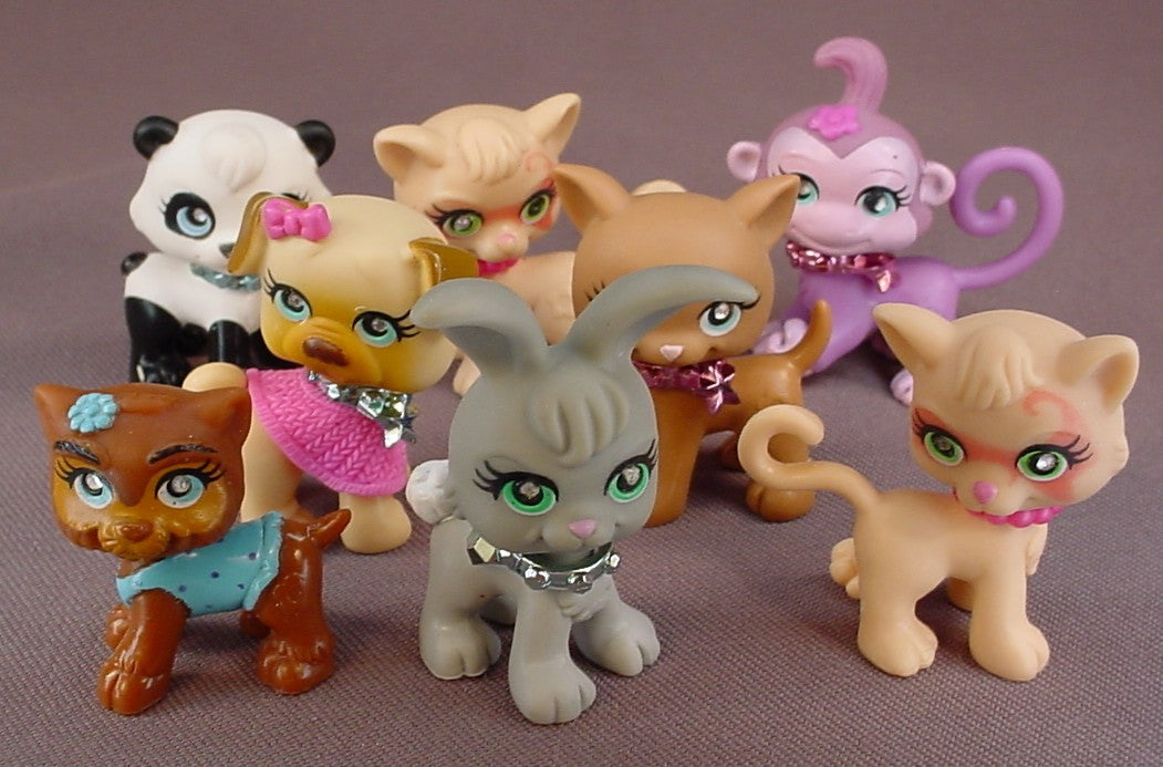 Polly Pocket Lot Of 8 Sparklin' Pets Figures, Mattel, #48 Dog, #10 Rabbit, #21 Panda, #49 Monkey, #17 Dog, #97 Cats
