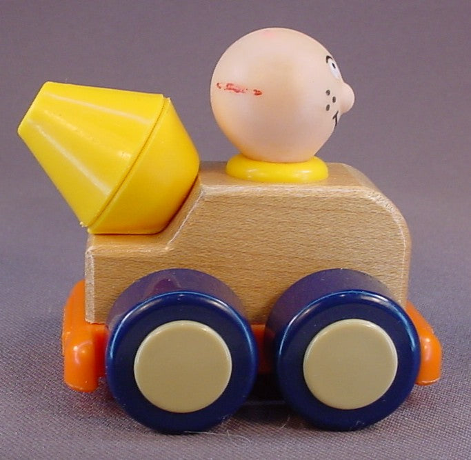 Playskool Wood Body Cement Mixer Vehicle, The Driver Has A Soft Vinyl Head, 3 Inches Long, Vintage, There Is Paint Wear To The Driver, 1988 Playskool